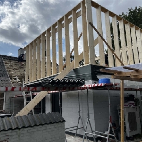 Opførelse af tilbygning med trækonstruktion og tagopbygning
