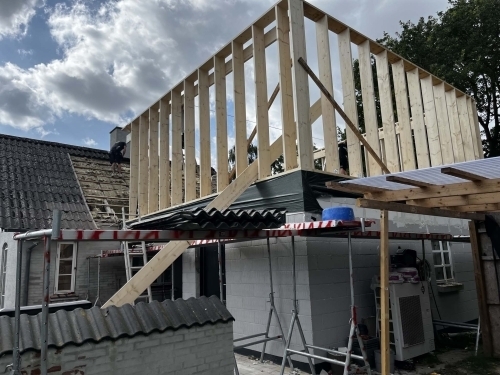 Opførelse af tilbygning med trækonstruktion og tagopbygning